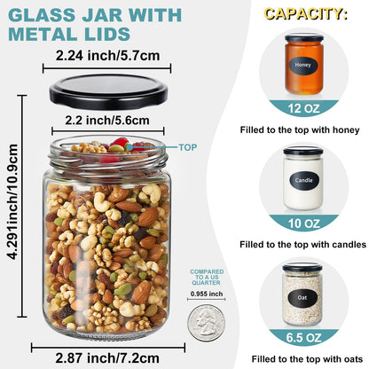 12oz Glass Jars with Lids, 20 Pcs Empty Candle Jars for Making Candle, Mason Canning Jars for Spice, Jam, Liquid, Baby Food Storage, Meal Prep, Craft, DIY Gift, Sample Container, Dishwasher Safe