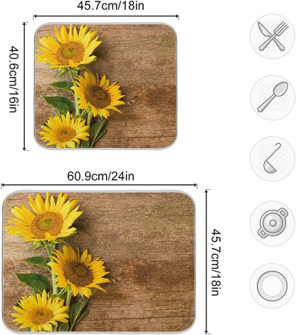 Absorbent Dish Drying Mat for Kitchen Counter, Yellow Sunflower Microfiber Reversible Drainer Mat (Medium 16 x 18 inch)