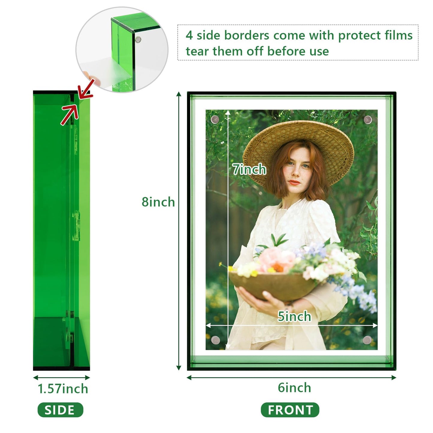 5x7 Acrylic Picture Frame Green - Clear Floating Photo Frames for 5 x 7 Inches Art Print - Individual for Tabletop Display - With Hangers for Wall Mount Horizontal or Vertical - 1 Pack