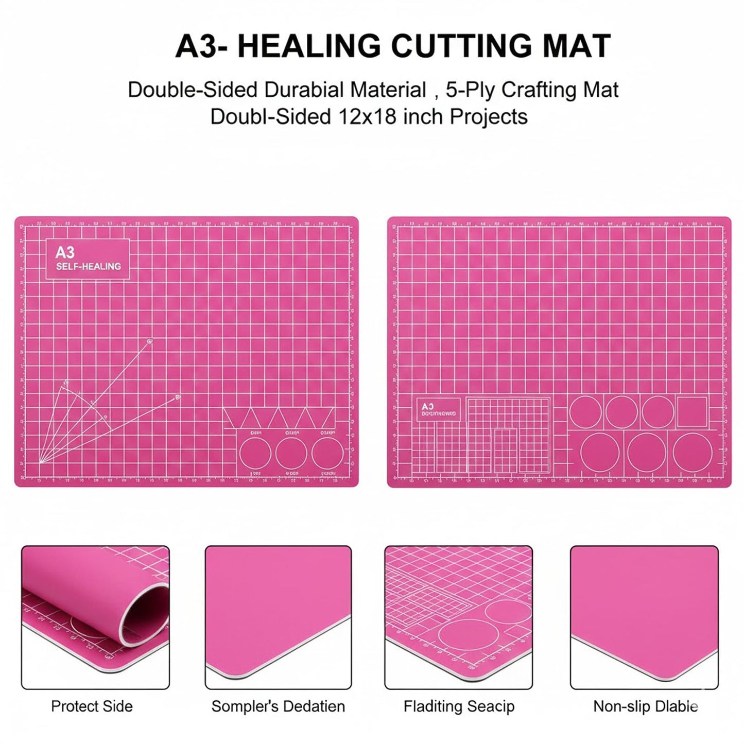 Cutting Mat A3 Pink, Self Healing Cutting Mat 12x18 Inch, 5-Ply Rotary Cutting Board Double-sided for Cutting Quilting Modeling Projects
