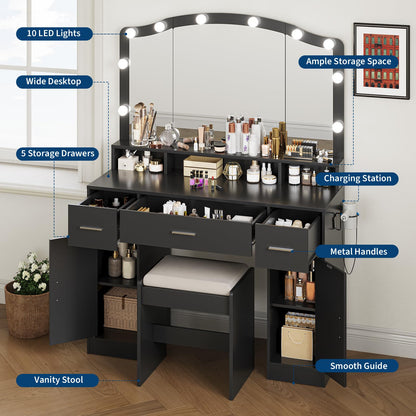 GarveeHome Makeup Vanity Desk with Mirror and Lights, Makeup Vanity Set with 3 Drawers, 2 Cabinets & Stool, Make Up Table with Power Outlet, for Bedroom, Dressing Room (Black)
