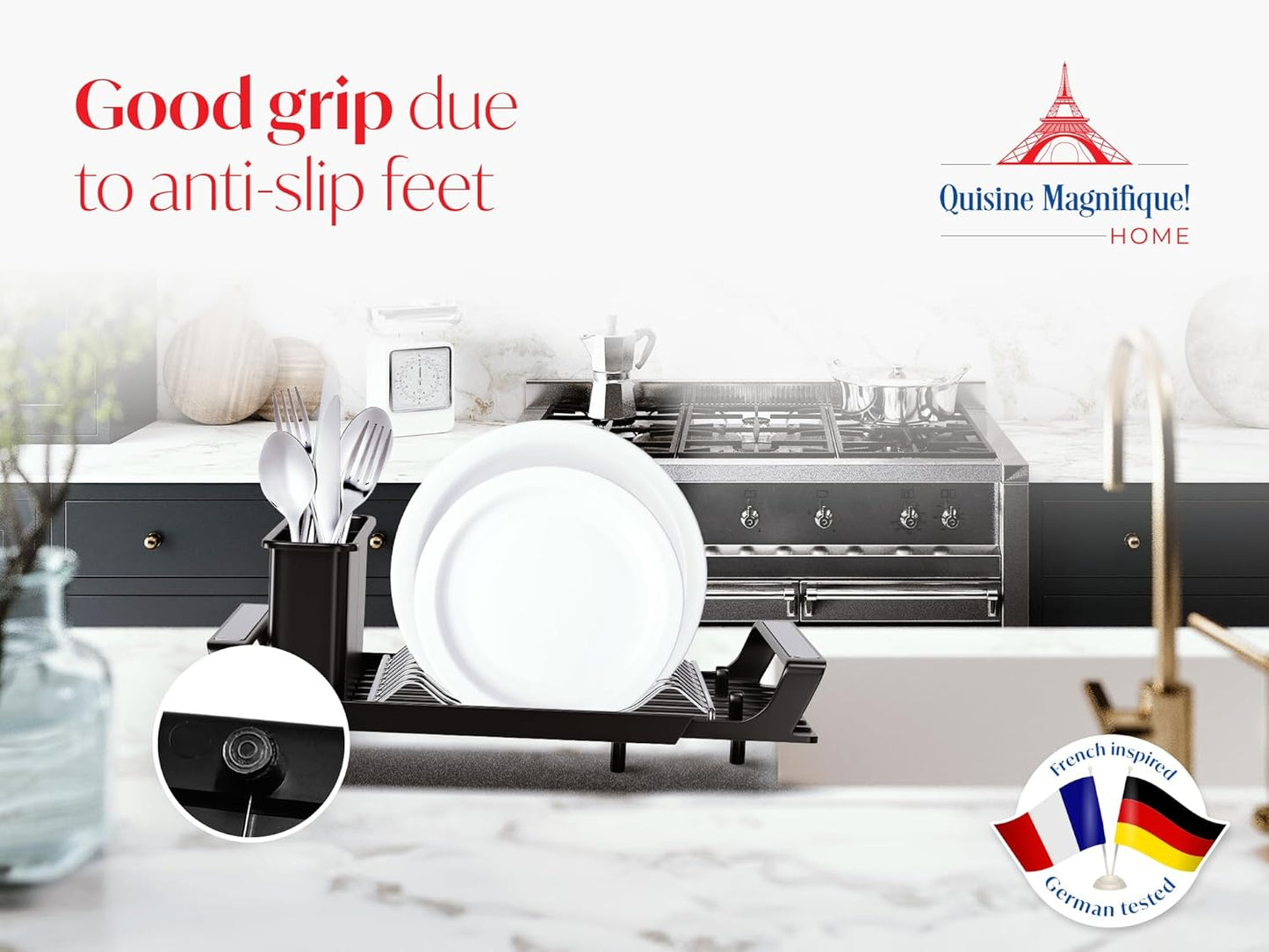 Cuisine Magnifique! Home Dish Drying Rack, Adjustable Length, Includes Kitchen Towel, French-Inspired Space-Saving