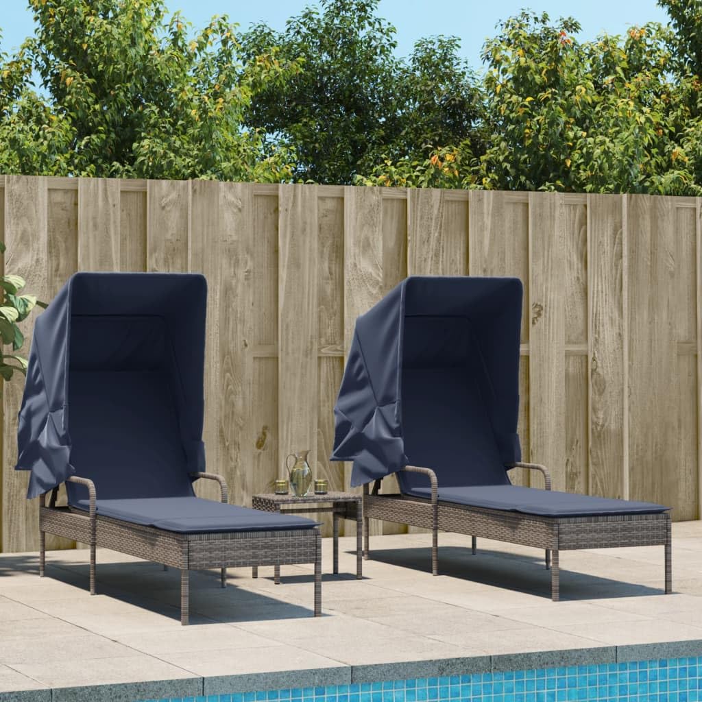 Favemtsl 2-Pack Grey PE Rattan Patio Sun Lounger Set with Adjustable Armrests Canopy Table 78.7" Seat Outdoor Lounge Chairs for Deck Poolside Beach