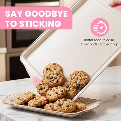 Kikcoin Nonstick Baking Pans Set - 22 PCS Stackable Bakeware with Silicone Handles | 450°F Oven Safe, Pink
