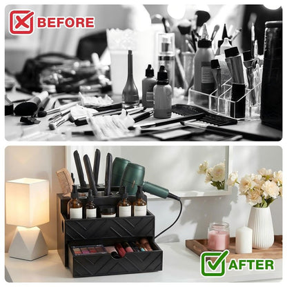 AceOrbit Hair Tool Organizer with Drawer, Hair and Makeup Bathroom Vanity Organizers and Storage Fits Blow Dryer, Curling Iron, Makeup Brushes, Skincare, Hot Tools Organizer for Tidy Counter(Black)