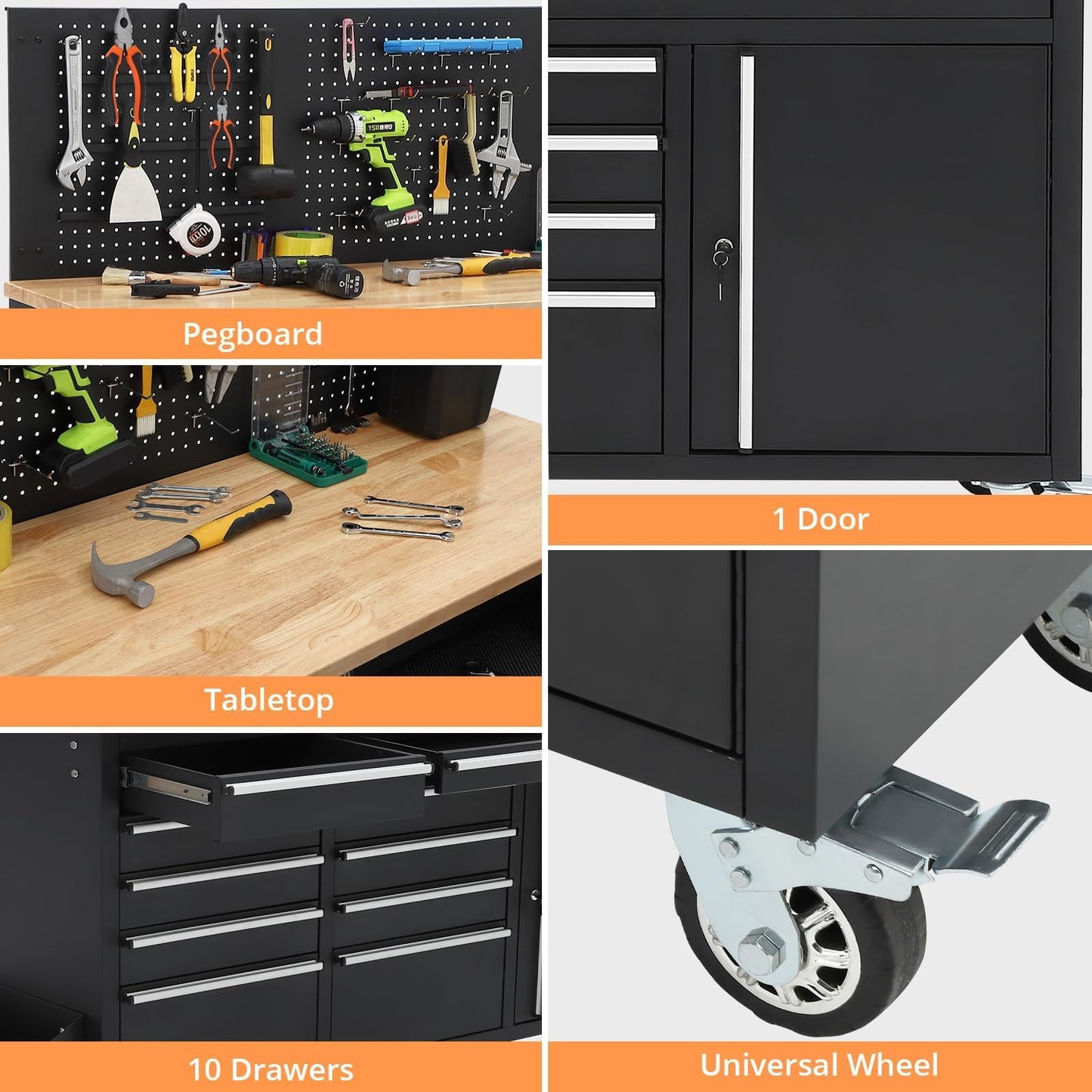 61-Inch Rolling Tool Chest with 10 Drawers & Power Strip, Solid Rubber Wood Top, 1675 LBS Load Heavy Duty Mobile Workstation, Locking System and Drawer Liners for Garage Warehouse Shop, Black