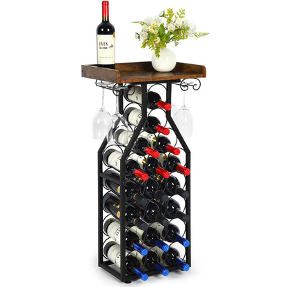 Plinthos Wine Rack Floating Shelvesr Versatile Liquor Stand for Home Bar Mini Bar Table Wine Holder Stand Liquor Cabinet with Glass Holder Wood Tabletop 19 Bottles Floor Dining Room, Living Room