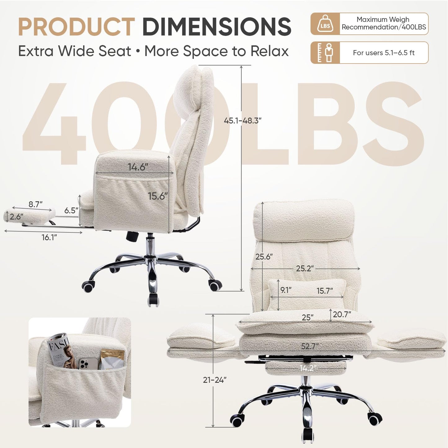 EGSEAT Big and Tall Office Chair with Flip Armrests, Cross Legged Office Chair with Storage Pockets, Comfortable Reclining Computer Chair with Foot Rest, Wide Home Desk Chair, Teddy Fleece, Cream