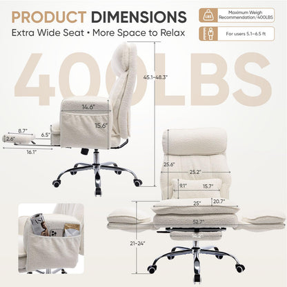 EGSEAT Big and Tall Office Chair with Flip Armrests, Cross Legged Office Chair with Storage Pockets, Comfortable Reclining Computer Chair with Foot Rest, Wide Home Desk Chair, Teddy Fleece, Cream