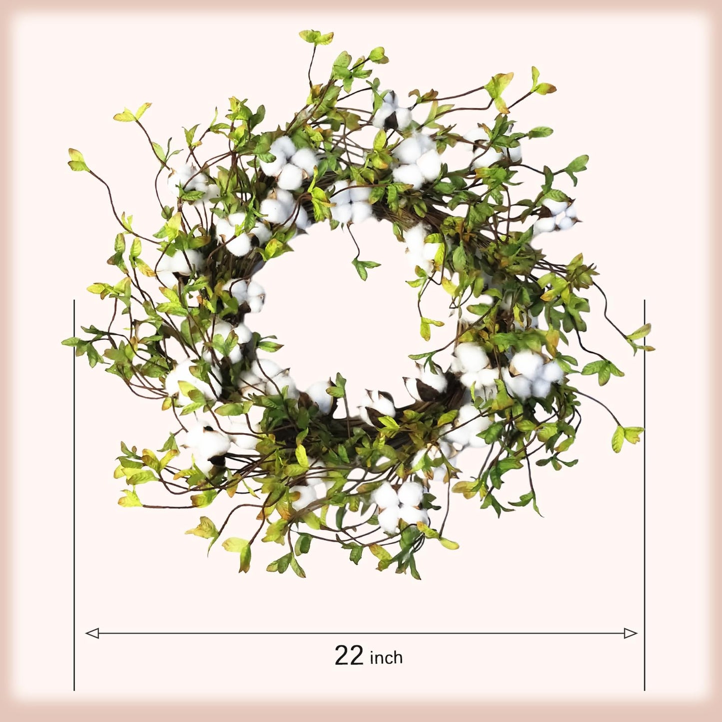 idyllic Green Leaves and Cotton Wreath for Front Door, Artificial Wreath on a Natural Twig Base for Farmhouse, Garden, Wedding, Decor