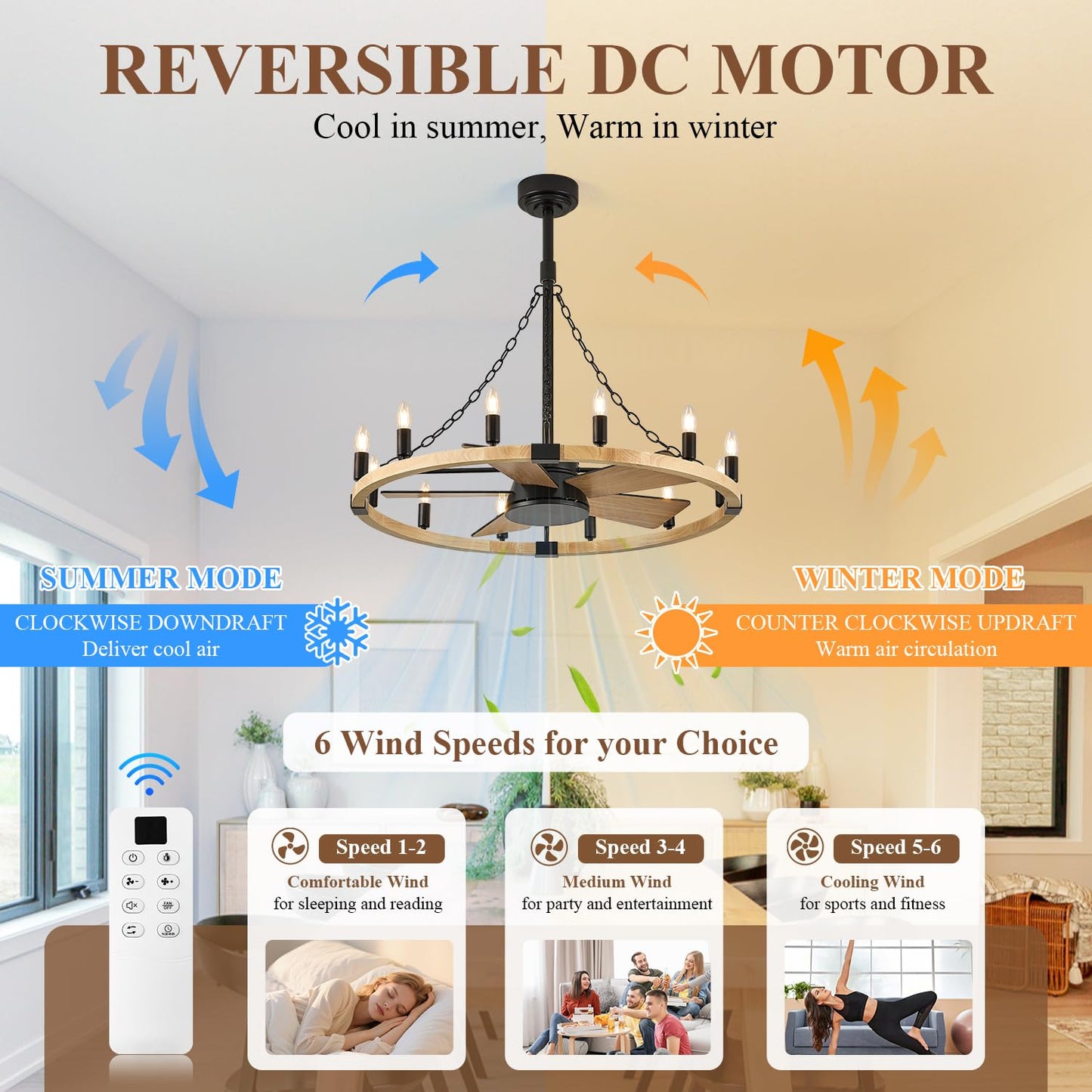 Natural Farmhouse Wood Wagon Wheel Chandelier Fans with 12 Lights and Remote, Rustic Wooden Ceiling Fan Light 36in Fandelier for Bedroom Dining Room Kitchen Living Room