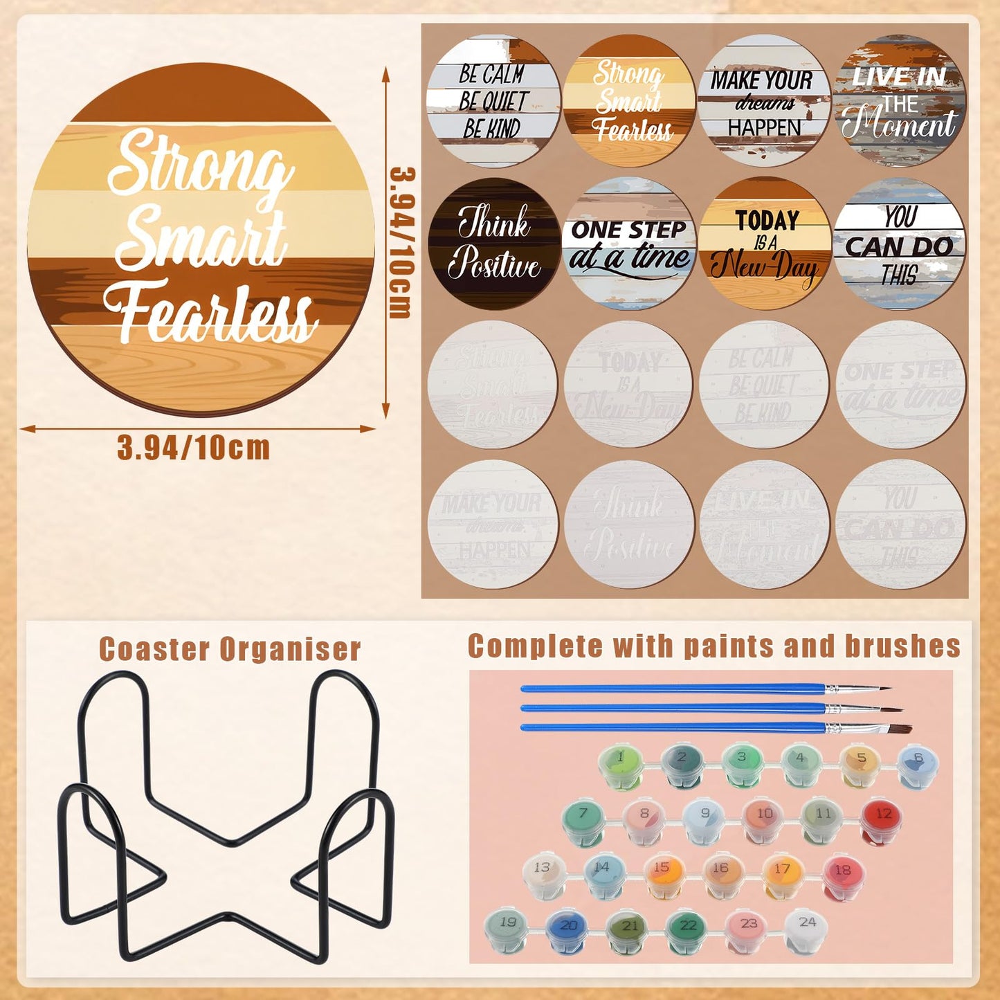 Reallnaive 8 Pcs Inspirational Paint by Numbers Kit for Adults Farmhouse Motivational Coasters with Holder Mini Paint by Numbers Wood Round Oil Painting Drink Coaster for Small DIY Craft Birthday Gift