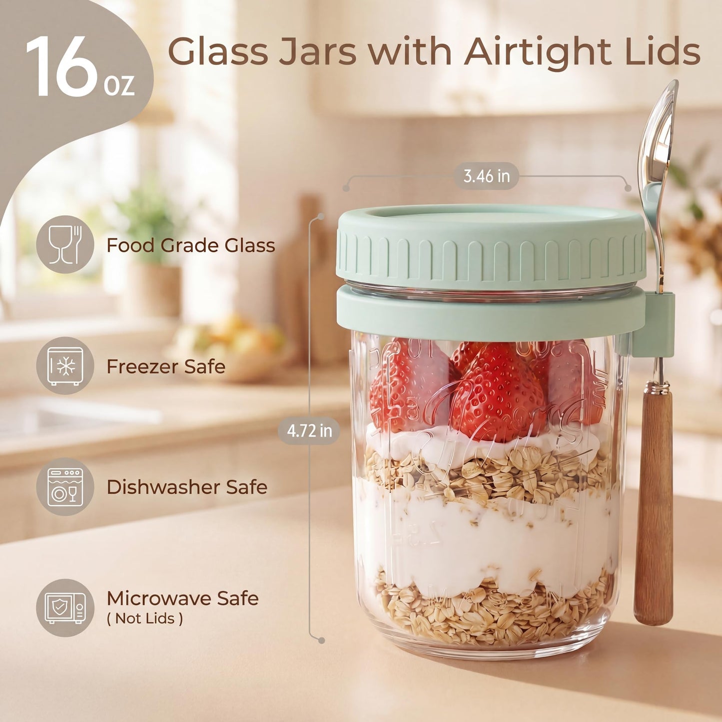 HomArtist 16oz Overnight Oats Containers with Lids and Spoons, 4 Pack Wide Mouth Mason Jars with Airtight Lids, Overnight Oats Jars for Salad, Chia Seed, Cereal, Yogurt