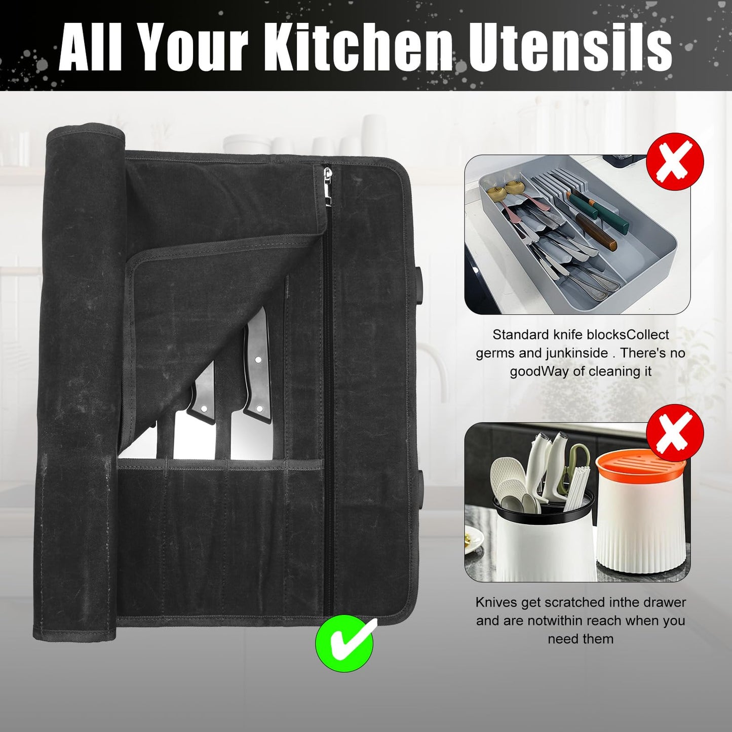 Chef Knife Roll Bag,Waxed Canvas Knife Travel Case,Heavy Duty Professional Knife Carrier Storage Holder with 10 Slots,Portable Kitchen Culinary Tool Organizer for Men,Fits up to 18.8”Knives.Black