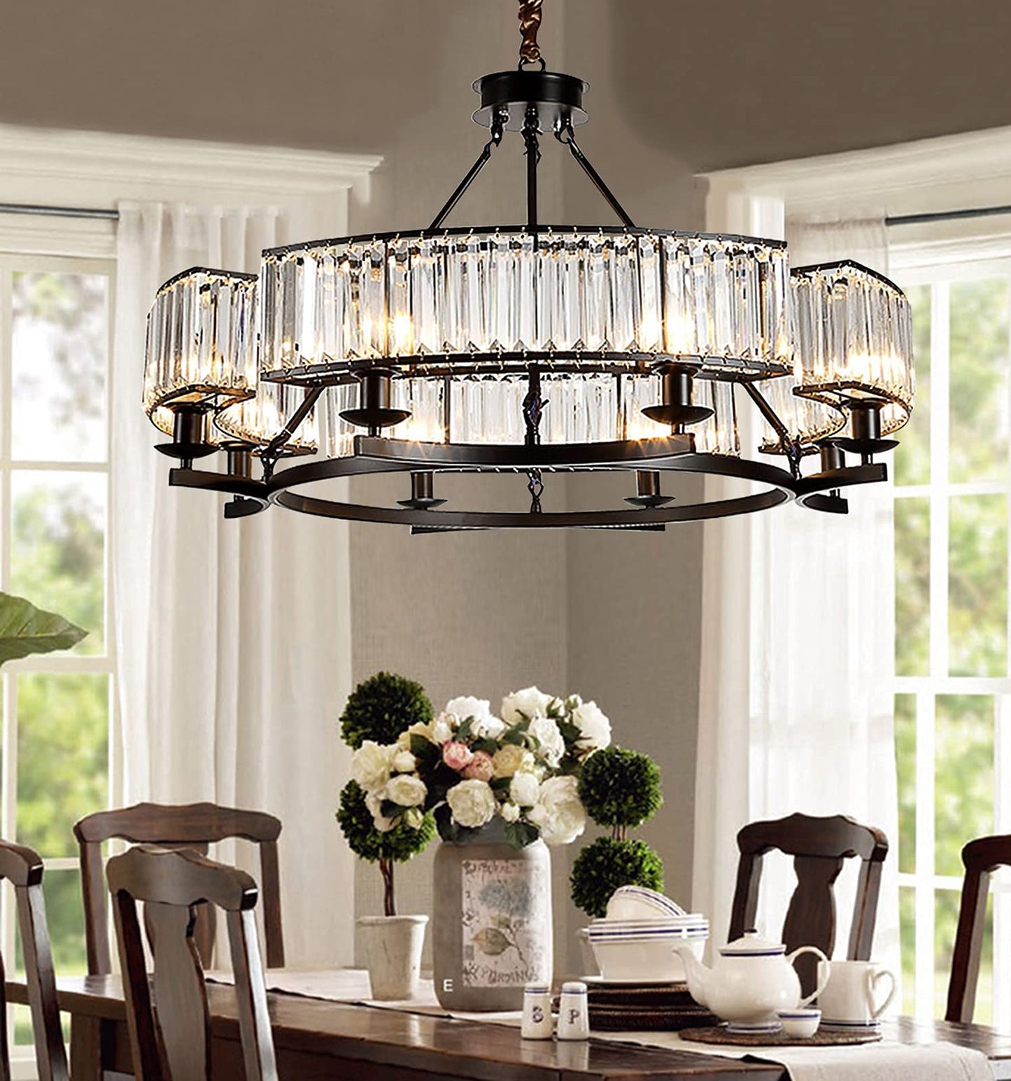 yomay Farmhouse Crytal Chandeliers Dining Room Pendant Light Fixture Black Chandelier with K9 Crystal for Living Room Dining Room Foyer High Ceiling
