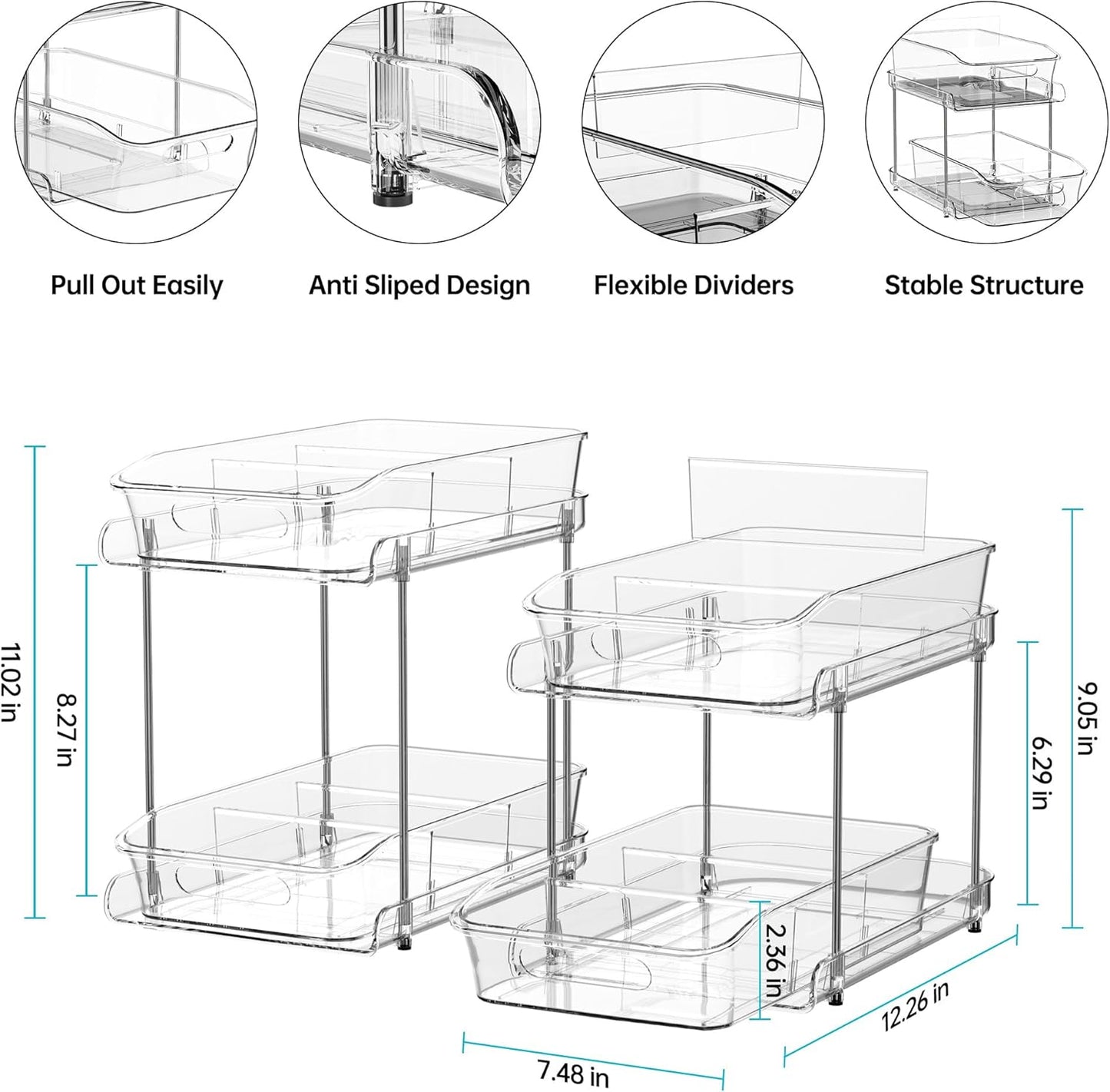 Delamu 2 Sets of 2-Tier Clear Under Sink Organizers, Multi-Purpose Stackable Bathroom Cabinet Storage