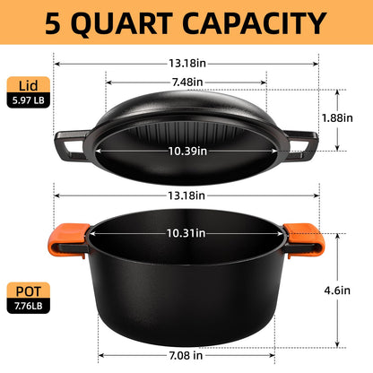 Cast Iron Dutch Oven Pot with Skillet Lid – Pre-Seasoned – Skillet Lid Cooking Pan– PFAS-Free –Umite Chef Cast Iron Skillet Cookware for Bread, Frying, Baking – Dual Handles – Oven, Grill, Campfire & Stovetop Safe – Durable & Non-Toxic, 5QT