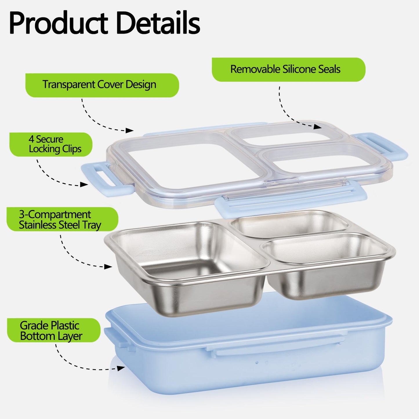 PTYTIFY Stainless Steel Bento Box, 3 Compartments Leakproof Stainless Steel Snack Containers, 25 oz Premium 304 Metal Lunch Box for Adults, BPA-Free, Dishwasher Safe (Blue)
