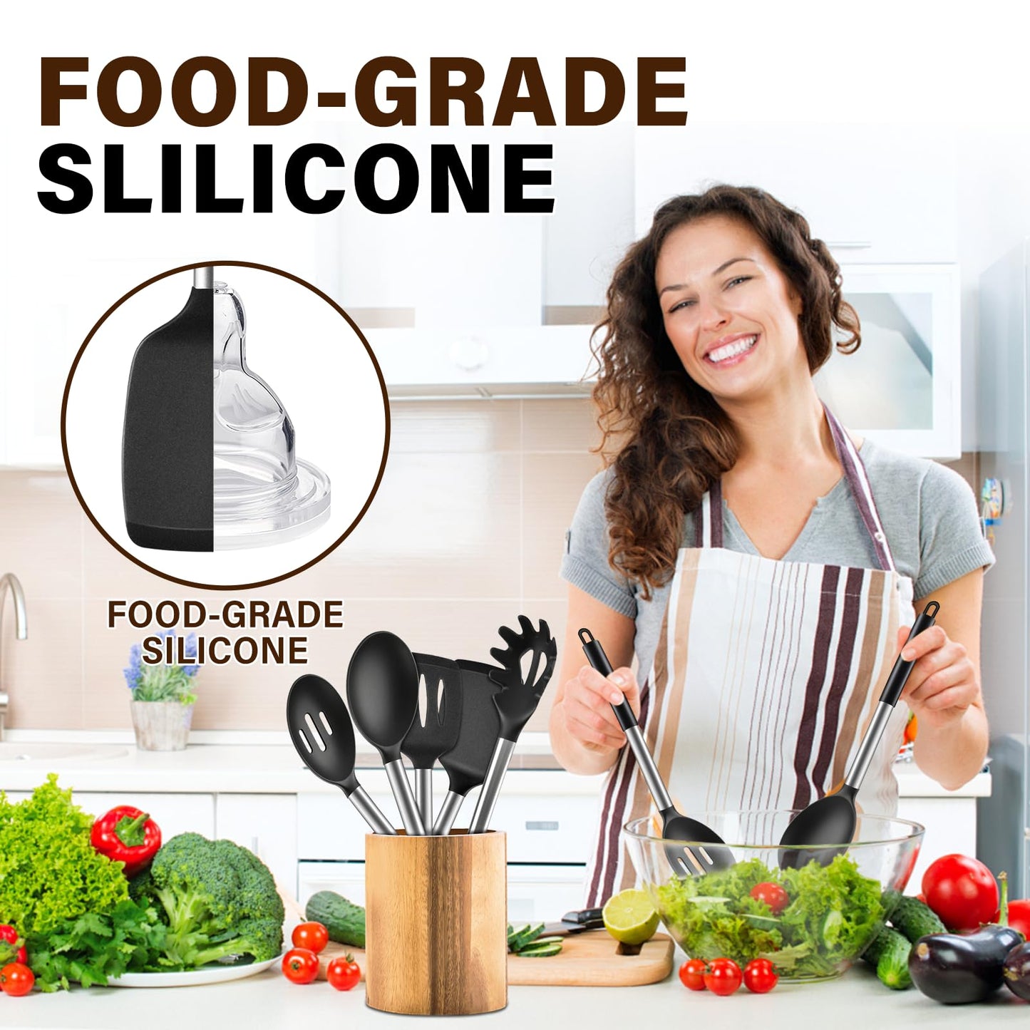 5Pcs Silicone Cooking Utensils Set, Heat Resistant Kitchen Tools Include Solid&Slotted Spatula, Cooking Spoon and Pasta Server, Silicone Kitchen Utensils set for Nonstick Cookware Flipping, Black