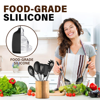 5Pcs Silicone Cooking Utensils Set, Heat Resistant Kitchen Tools Include Solid&Slotted Spatula, Cooking Spoon and Pasta Server, Silicone Kitchen Utensils set for Nonstick Cookware Flipping, Black