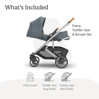 UPPAbaby Cruz V3 Stroller - from Birth + Car Seat Compatible - Full-Size, Reversible Seat - Infant Insert, Bug and Rain Shields Included - Callum (Stone Blue/Silver Frame/Sand Leather)