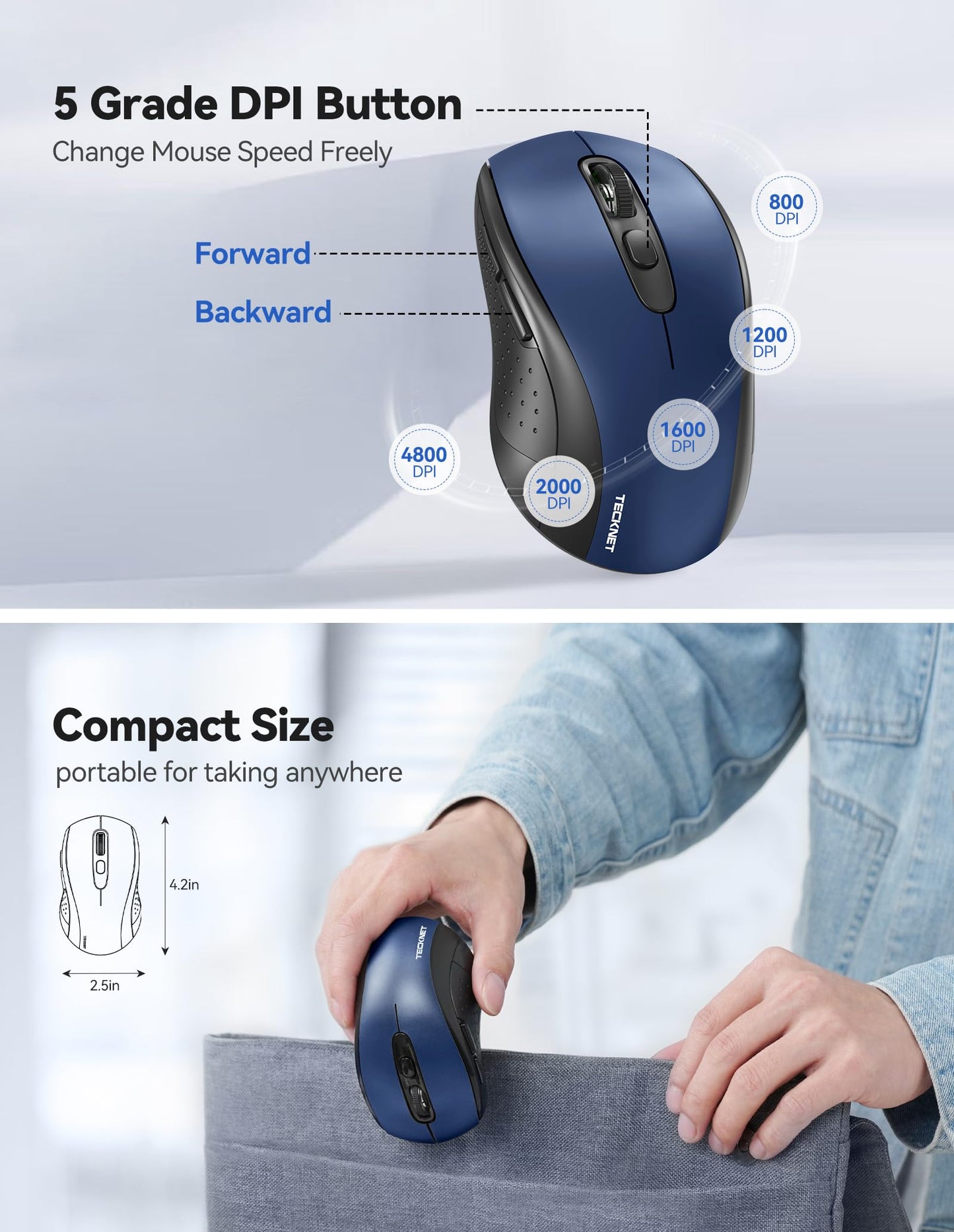 TECKNET Wireless Mouse for Laptop, Silent Bluetooth Mouse(BT5.0 & 2.4G) 4000DPI Adjustable, Computer Portable PC Quiet Mice with USB-A Receiver & 6 Buttons for Mac, 18 Months Battery