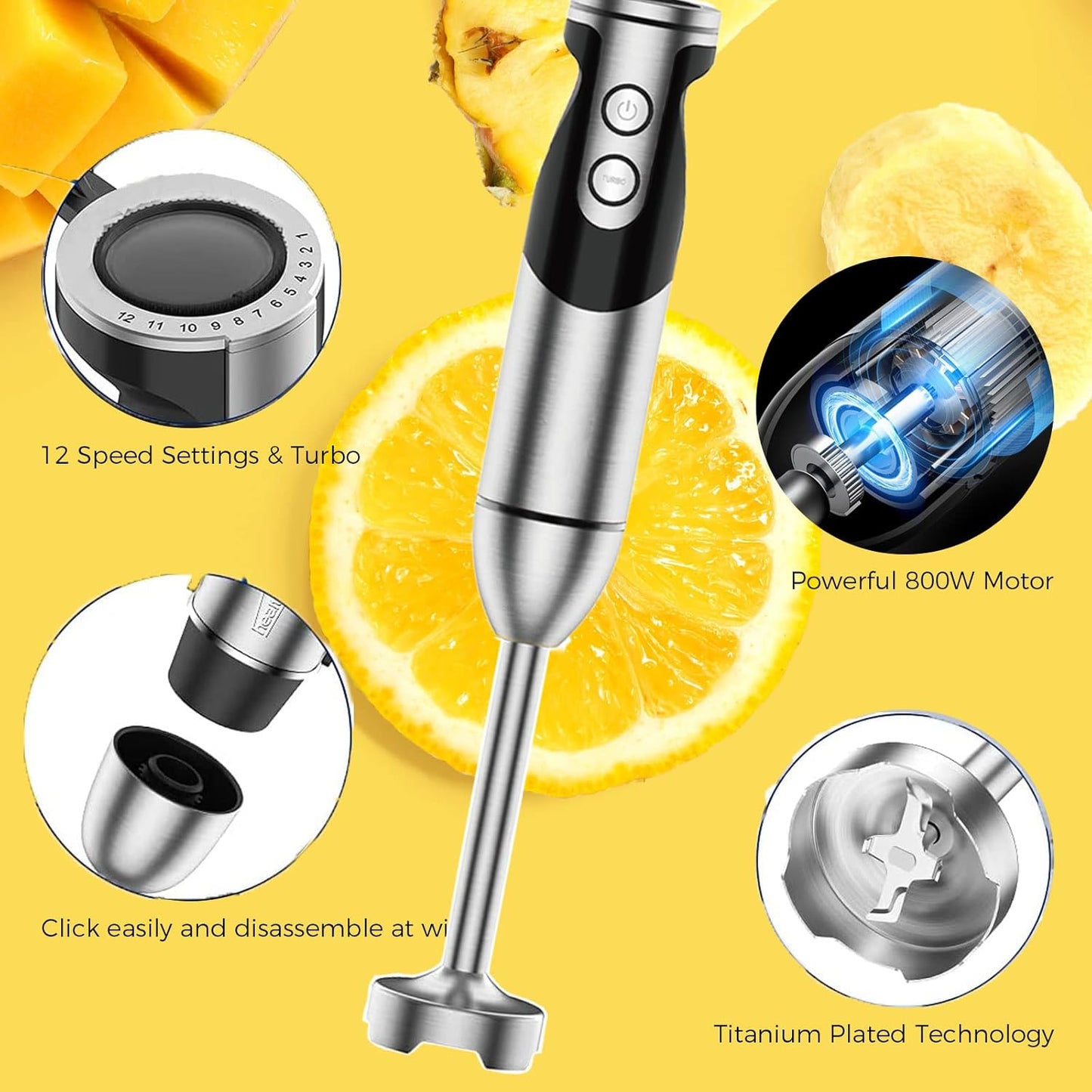 MegaWise 3-in-1 Immersion Hand Blender - Powerful 12-Speed Corded Blender with Whisk and Milk Frother (Black)
