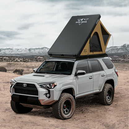 Sanhima Rooftop Tent Hard Shell - Hotham Lite Overland Aluminium Roof Top Tent 4.56" Slimline, w/Tri-Color LED Strip Light & 1.97” Thick Mattress, for Car SUV Truck Camping, 2-3 People Tent (Khaki)
