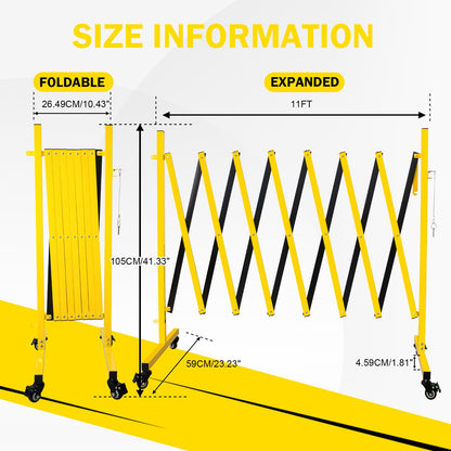 Bstyjqxh 11FT Traffic Barricade with Casters, Metal Expandable Barricade, Folding Security Gate, Retractable Fence Outdoor Barricade Fence for Construction Area, Traffic Control, Yellow