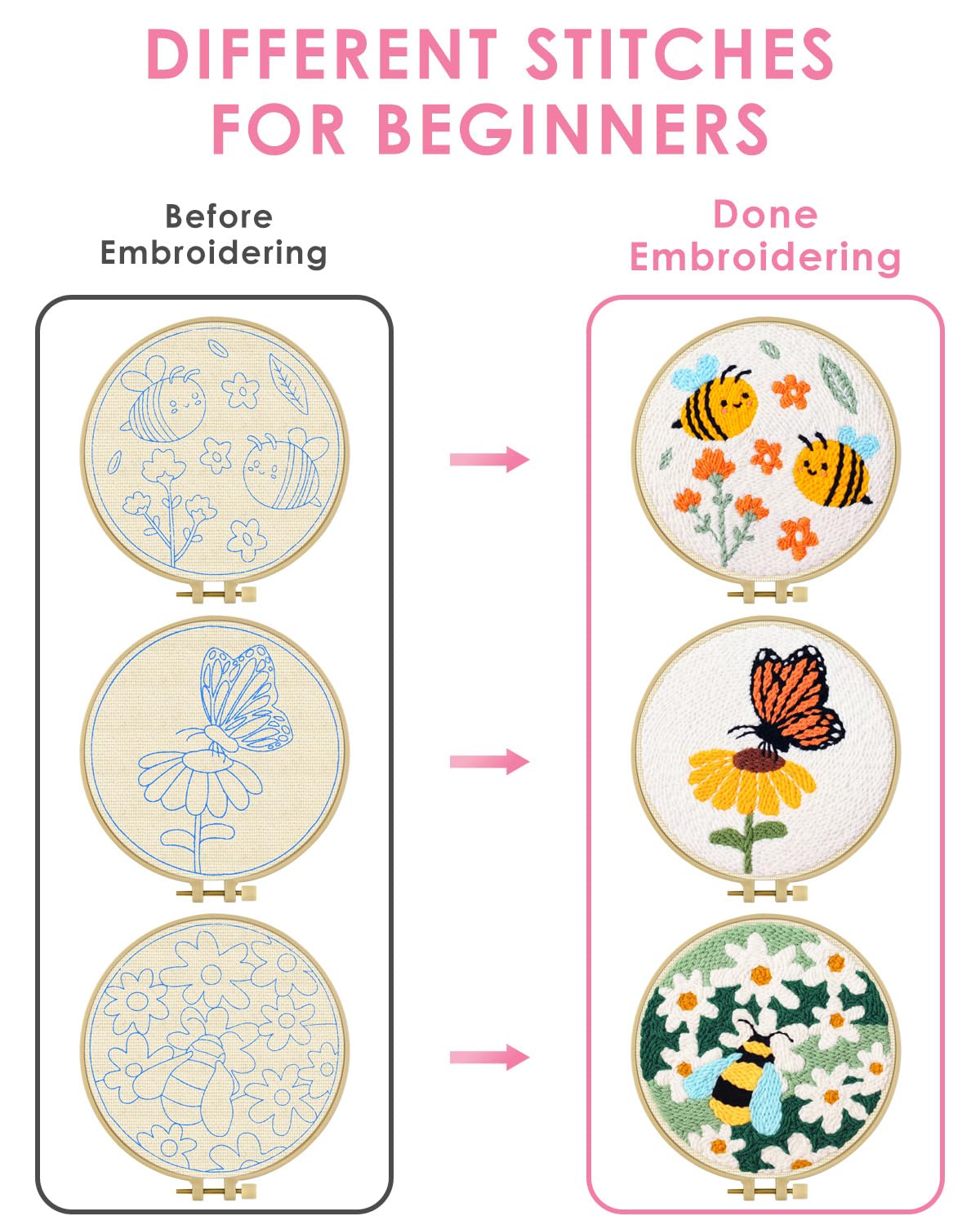 TINDTOP 3 Sets Punch Needle Kits, Flowers Punch Embroidery Kits for Adults Beginner, Tool with Punch Needle Fabric, Hoops, Yarns and Sewing Needles