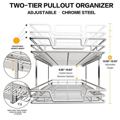 QUYUWU 2-Tier Kitchen Cabinet,Pull Out Cabinet Organizer,Shelf and Drawer Organizer Slide Out Pantry Storaqe Basket in Multiple Sizes (12" W x21 D)