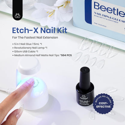 Beetles Gel Nail Extension Kit Almond Shape, Easy 9 in 1 Glue Uv Led Set Etch X Nail Tips Short Almond Half Matte Tips, Gift for Women & Girls, 504 pcs