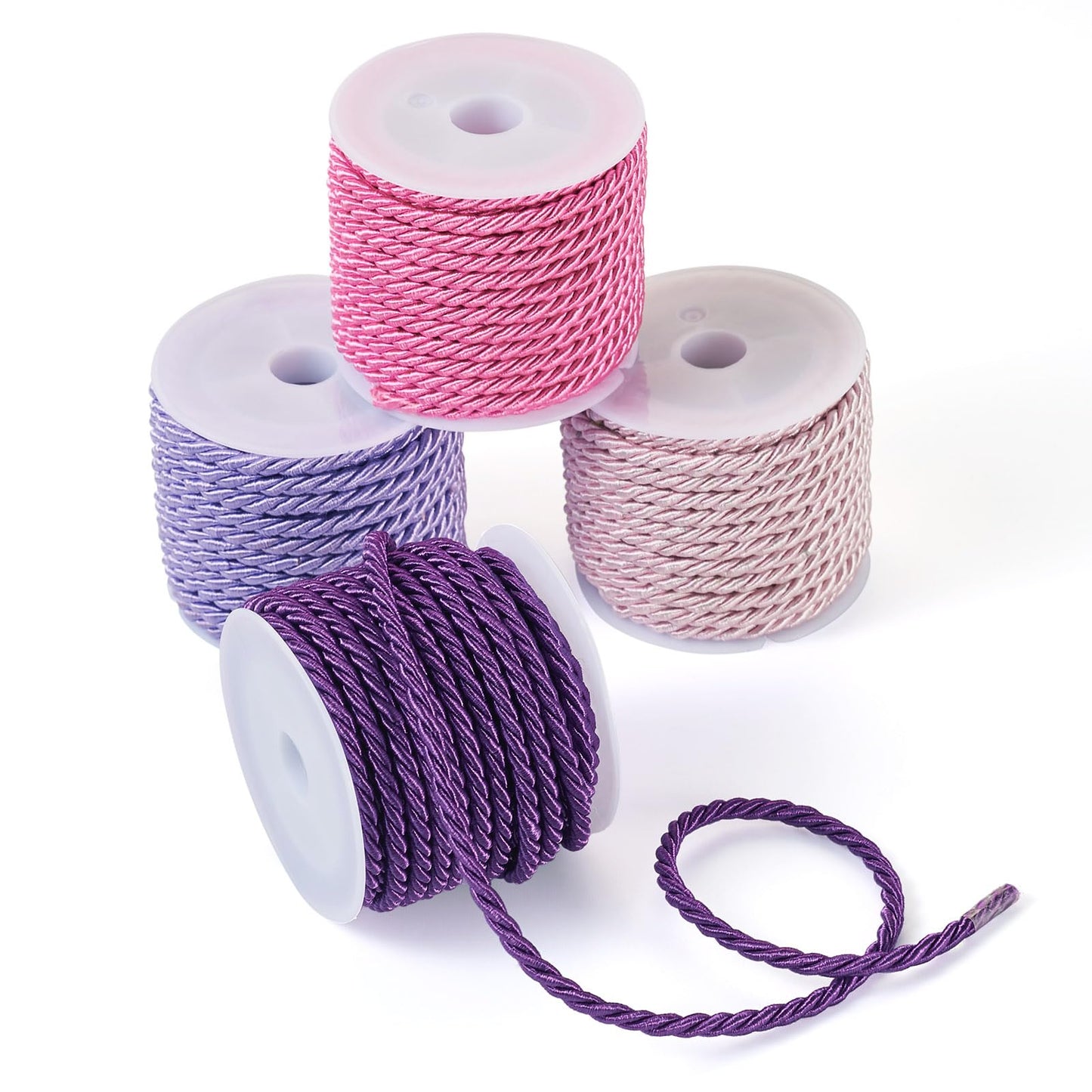 Pandahall 4 Rolls 3mm Polyester Twine Cords Purple Braided Twisted Ropes Decorative Braided Cording Thread String Pink Twisted Silk Rope Cords for Home Decor Curtain Sewing Gift Wrapping