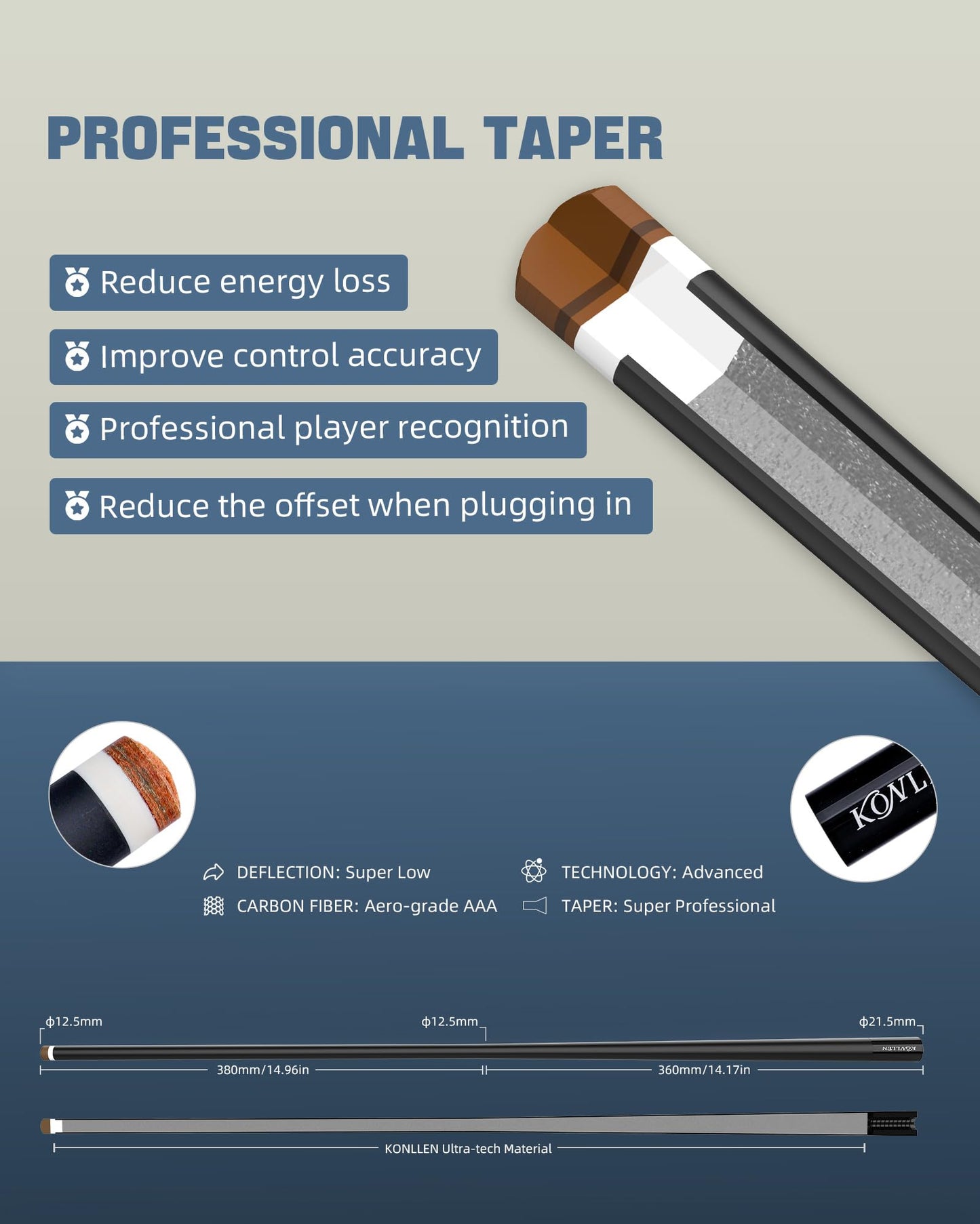KONLLEN Carbon Fiber Pool Cue Stick 58-inch Professional Pool Sticks Set Low Deflection Pool Cue for Adults