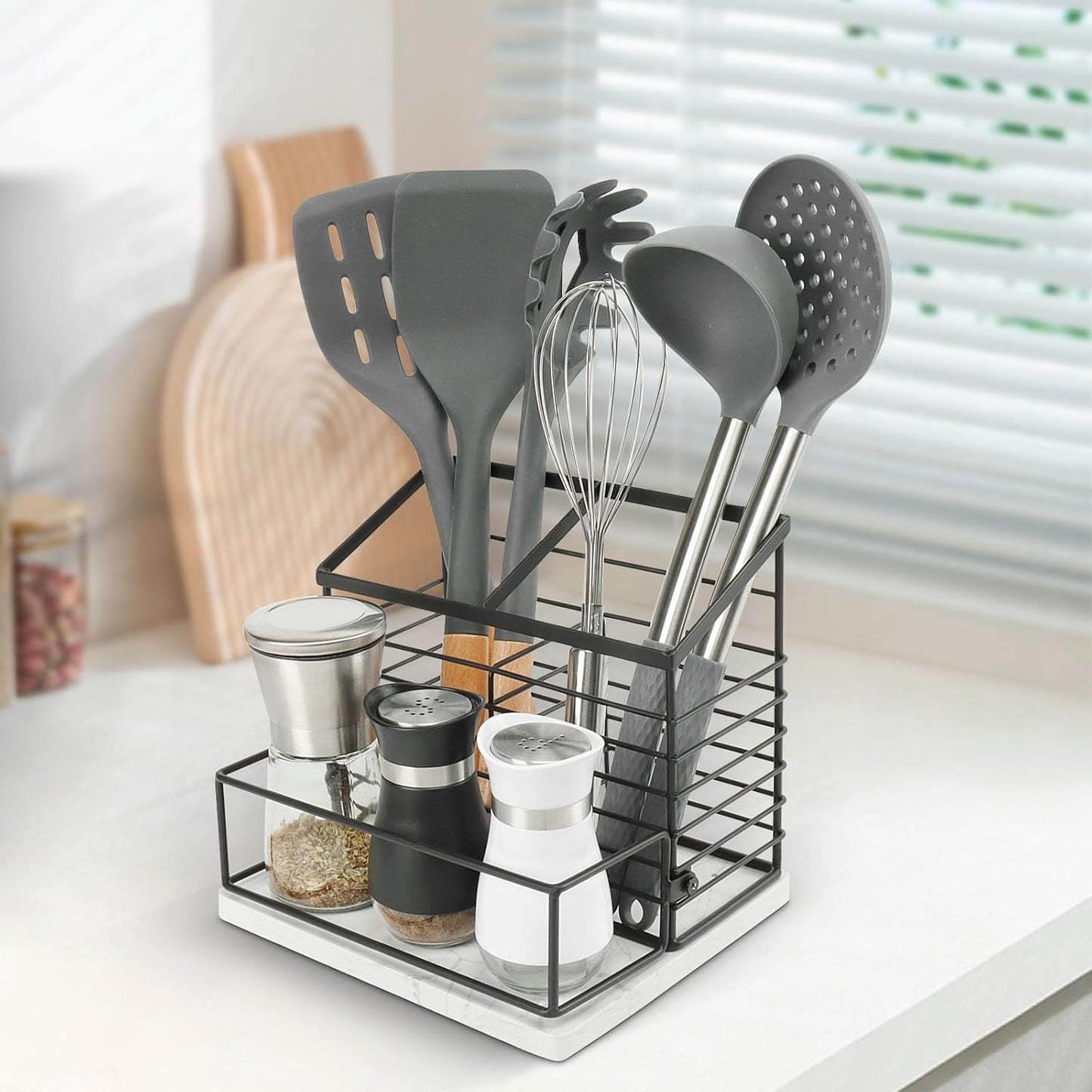 Metal Utensil Holder for Kitchen Counter - Large Organizer with Salt and Pepper Shakers, Marble Base