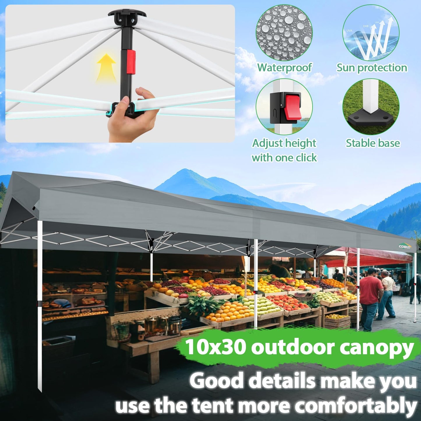 COBIZI 10x30 Party Tent with Wheeled Bag 10x30 Pop up Canopy with One-Push Setup, Outdoor Canopy with 3 Sidewalls Gazebo Event Shelter for Wedding Commercial with Sandbags,Waterproof & UPF50+, Grey