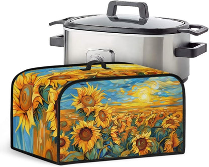 Oil Painting Sunflower Slow Cooker Dust Cover, Yellow Air Fryer Cover with Top Handle and Storage Pockets