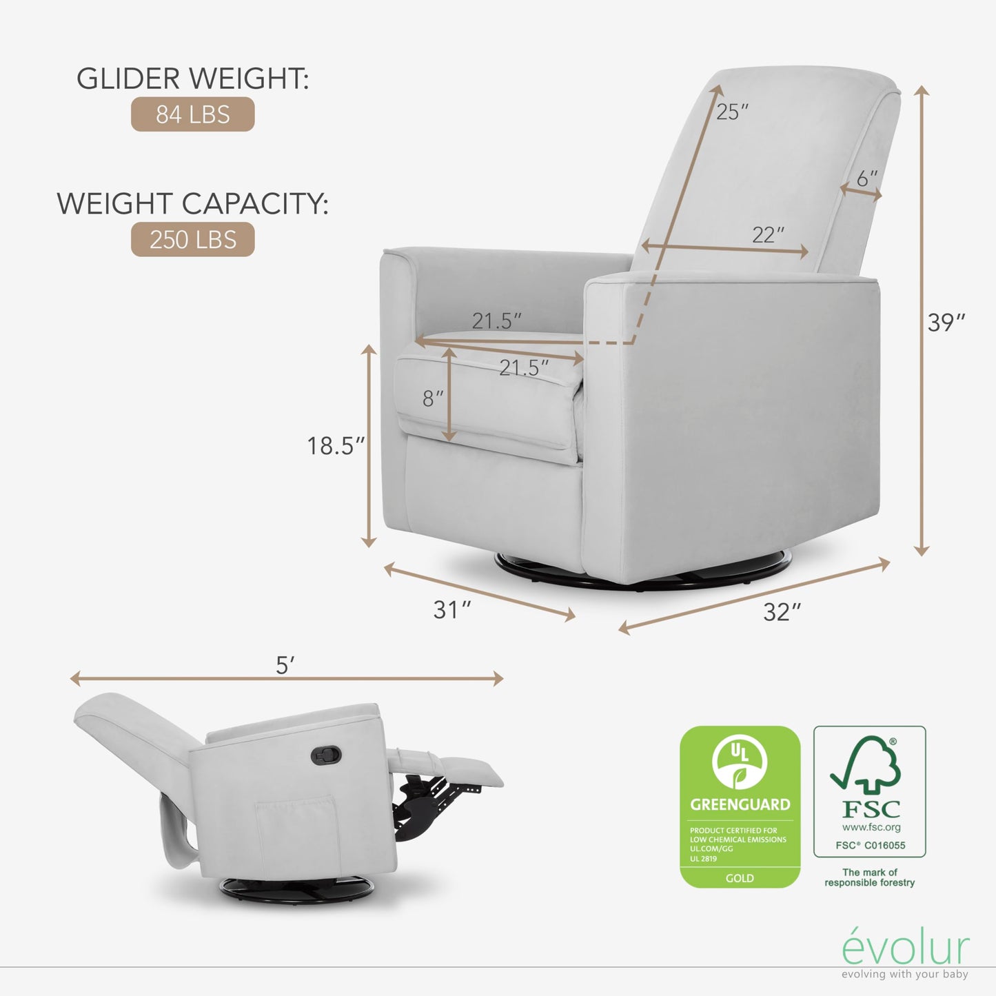 Evolur Raleigh Upholstered Manual Glider Recliner– Rocking & 360° Swivel with Smooth Glide – Greenguard Gold & FSC Certified – Modern Nursery and Living Room Chair in Grey