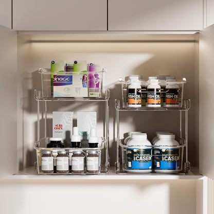 Delamu 2-Tier Under Sink Organizers and Storage, Multi-Purpose Stackable Bathroom Cabinet organizers, Pull Out Kitchen Pantry Organization and Storage with Dividers(2 Pack, Clear)