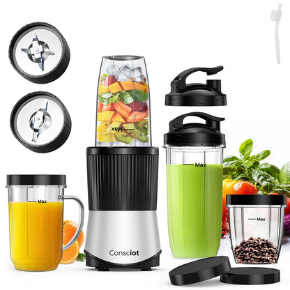 Consciot CB08 11-Piece Blender for Kitchen and Personal Size, Blend Shakes and Smoothies, Frozen Drinks, Baby Food, Spreads & More, 3 Portable To-Go Cups & 2 Spout Lids & 1 Solid Lid, 900 Peak Watts