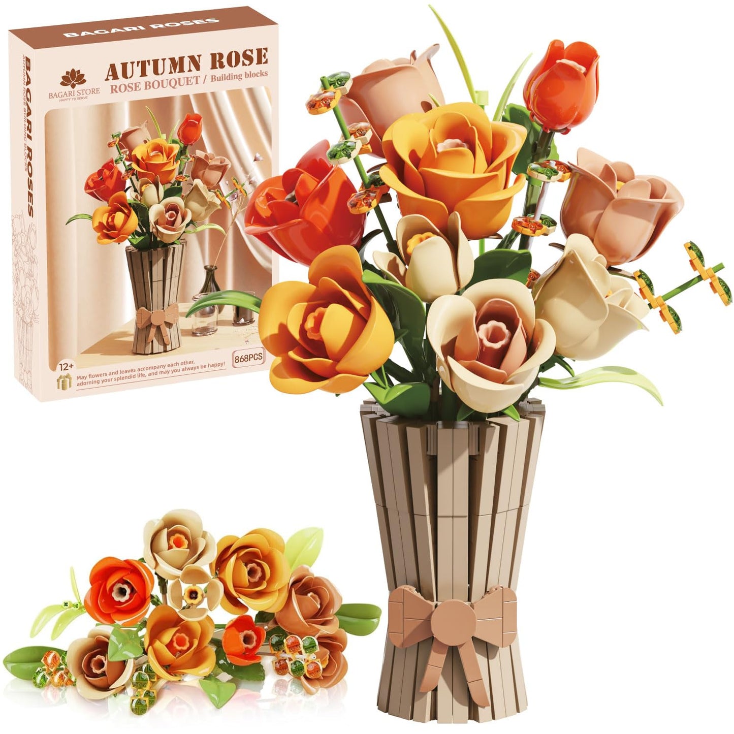 Bagari Roses Bouquet Building Set - Artificial Flowers Building Blocks with Vase, Compatible with Lego Kit for Adults - Collection for Home Office Decor Gifts for Women Men Birthday Anniversary 868PCS