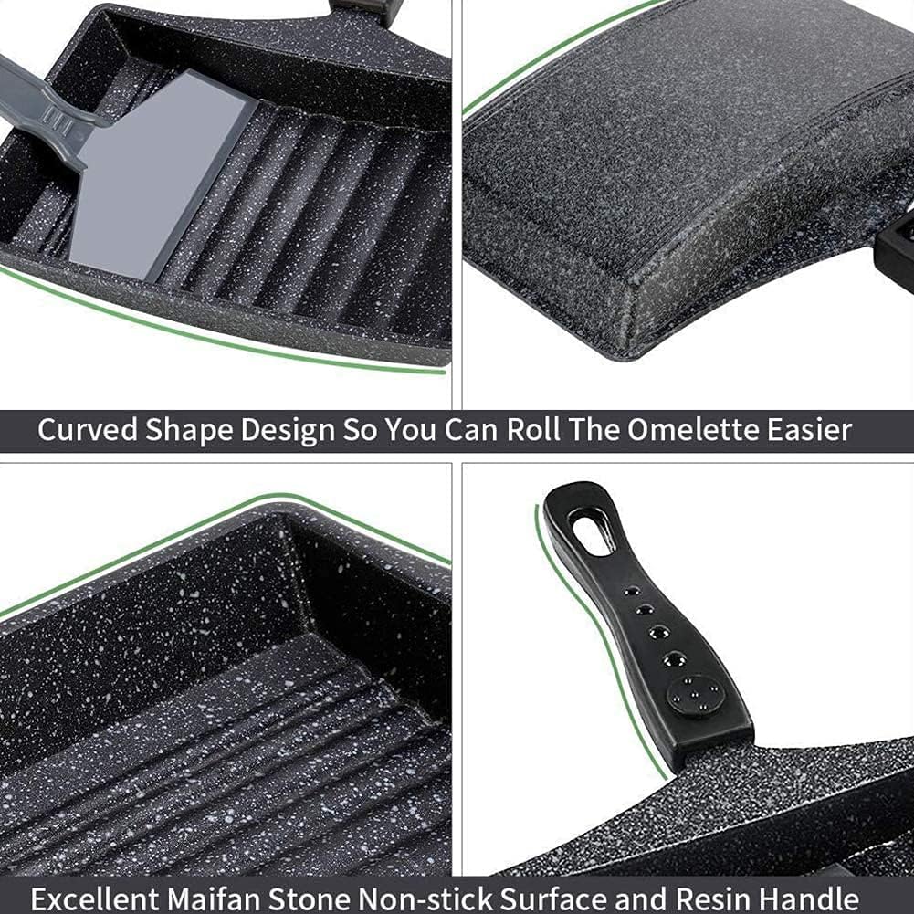 Tamagoyaki Frying Pan, Non-Stick Wave Bottom Maifanite Stone Egg Roll Pan for Omelette, Japanese Snacks, Black