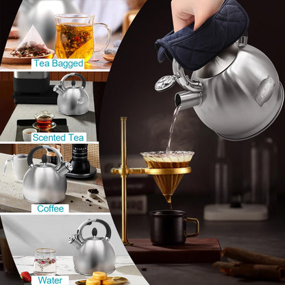 BAERFO Tea Kettle, 2.64 Qt Tea Pot Stovetop, Premium 304 Food-Grade Tea Kettle Stovetop, Resounding Sound, Vintage Aesthetics, with Pot Holder (Brushed)