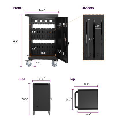 30-Device Mobile Charging Cart with Charging Power Strip and Front and Rear Access Locks, Cable Management, Up to 16.3", Safe Charging Cabinet for Ipads, Chromebooks, Tablets, Laptops Black