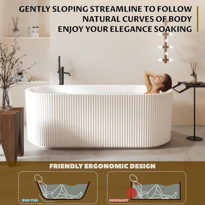Garvee 67" Deep Soaking Bathtub, Non-Slip Acrylic Tub with Chrome Drain, CUPC Certified, Ergonomic Modern Bath for Bathrooms, Easy-Install, White Striped