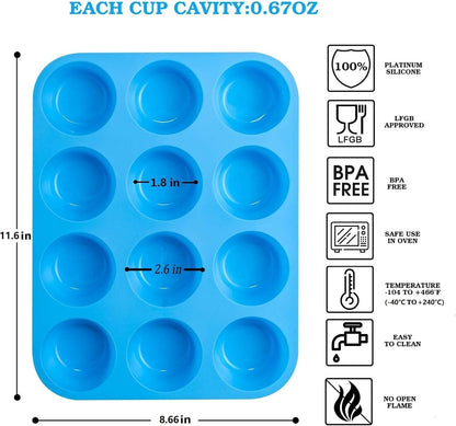 JEWOSTER 12 Cups Silicone Muffin Pan 2 Pack - Nonstick Silicone Molds for Making Muffin Cakes, Bread, Tart - BPA Free