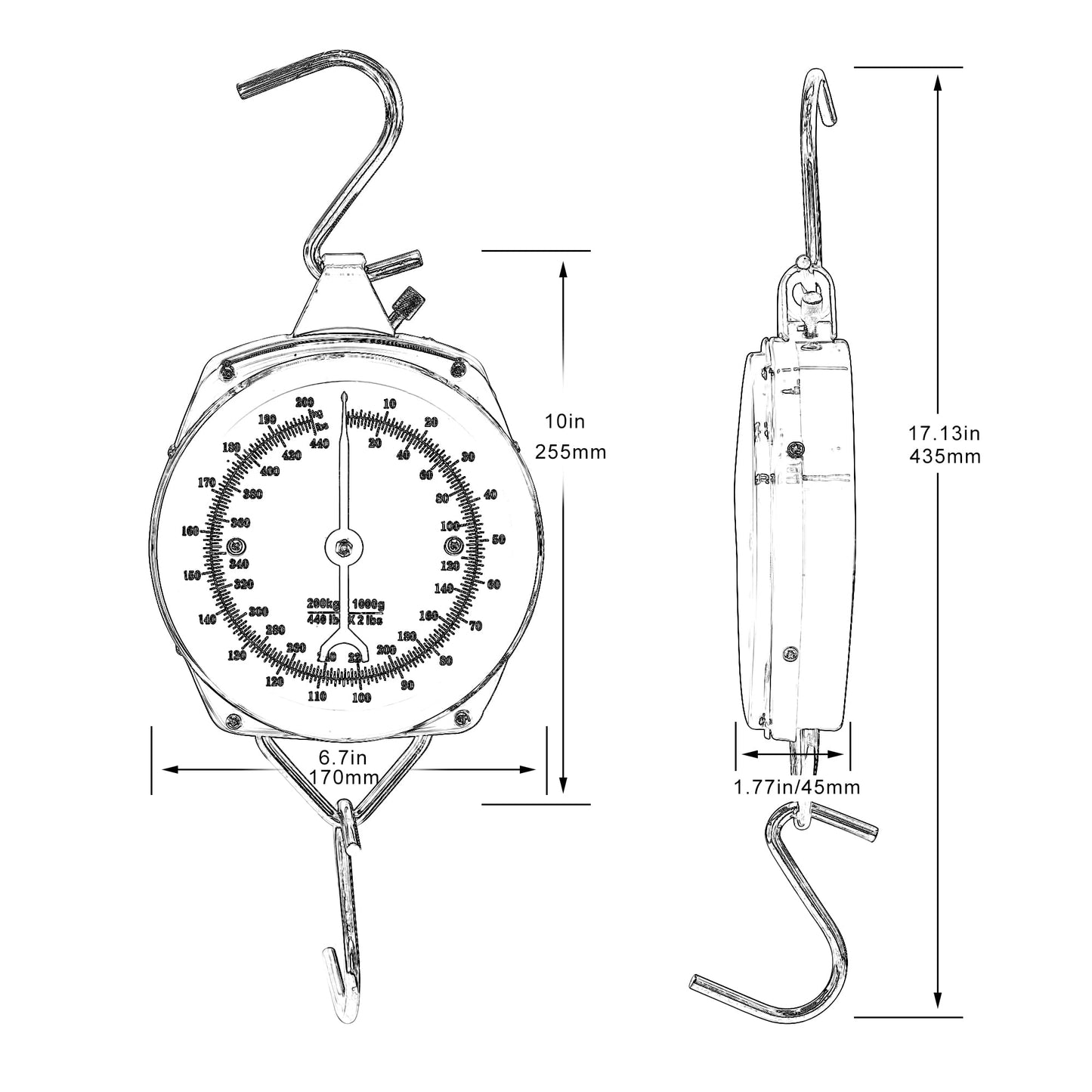 Eyes.sys 440lb/200kg. Big Game Scale，Large Capacity Hanging Spring Dial Weight Scale with 2 S-Hooks for Kitchen Fishing (Easy to Read Dial)
