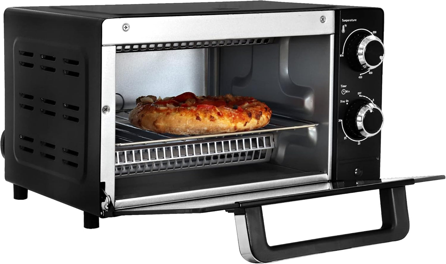 Total Chef 4 Slice Toaster Oven, Compact Kitchen Appliance for Pizza, Bake, Toast, Broil, Black and Stainless Steel