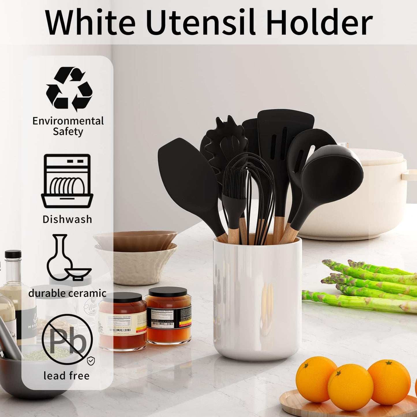 Glossy White Ceramic Utensil Holder for Countertop, Modern Small Cooking Utensil Crock, Easy to Clean, 4.5×6.4 IN