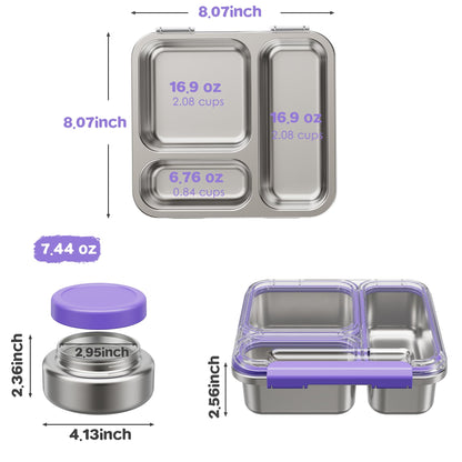Pawtong Stainless Steel Bento Box Kids Adult with 7oz Insulated Food Jar, Transparent Lid Metal Lunch Box With Soup Thermal Jar, Lunch Box Container with Removable Divider & Sauce Cup School (Purple)
